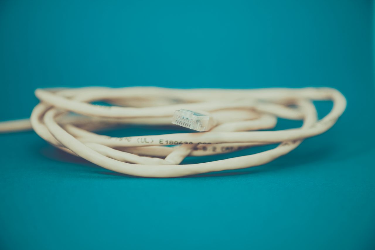 services-02 A detailed close-up of a coiled Ethernet cable with an RJ-45 connector against a teal background.